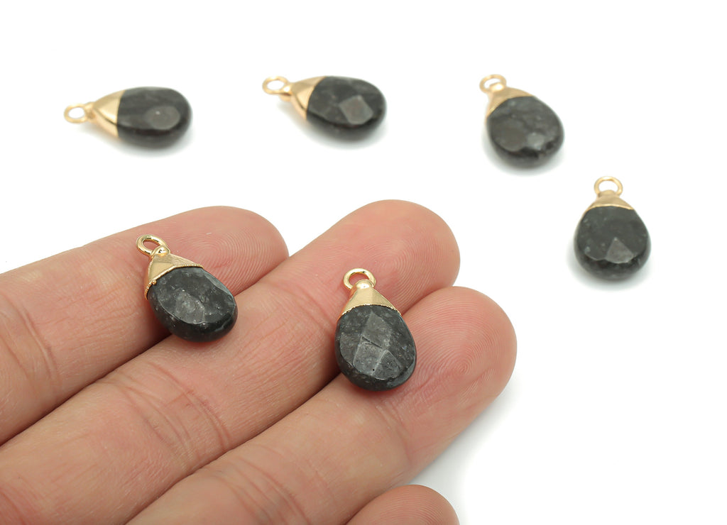Black Tourmaline Drop Earring Charms - Brass Drop Pendant - Iron Loop - Faceted Stone - Gold Tone Plated Brass – 18.55x10.3x5.3mm – NS1569C - DOMEDBAZAAR