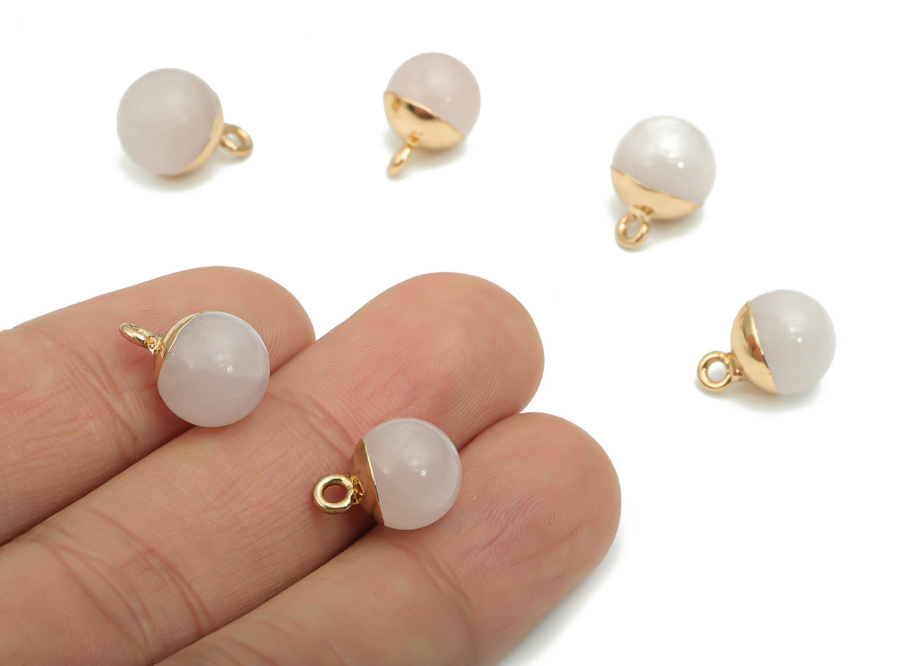 Rose Crystal Quartz Ball Beads Charms - Brass Beads Pendant - Iron Loop - Natural Stone - Gold Tone Plated Brass – 14.58x10.8x10.8mm–NS1578C - DOMEDBAZAAR