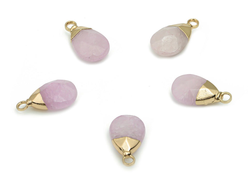 Rose Quartz Drop Earring Charms - Brass Drop Pendant - Iron Loop - Faceted Stone - Gold Tone Plated Brass – 18.09x10.33x5.91mm – NS1569F - DOMEDBAZAAR