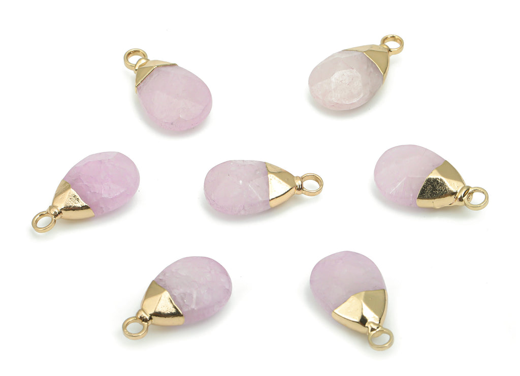 Rose Quartz Drop Earring Charms - Brass Drop Pendant - Iron Loop - Faceted Stone - Gold Tone Plated Brass – 18.09x10.33x5.91mm – NS1569F - DOMEDBAZAAR