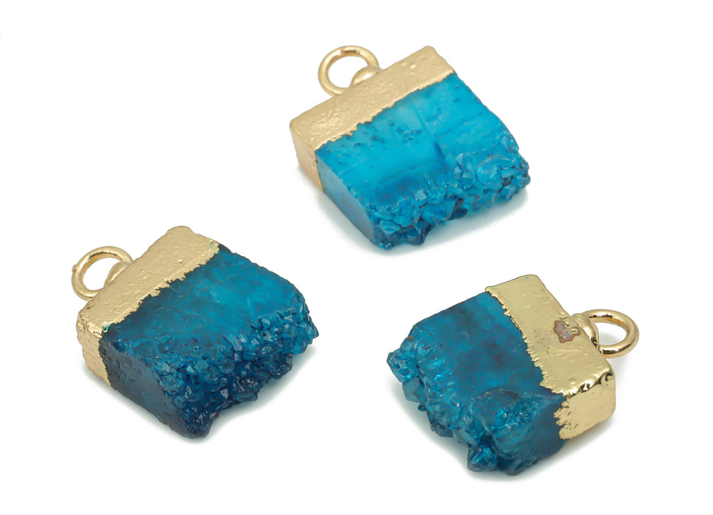 Dyed Quartz Crystal Earring Charms - Brass Square Pendant - Iron Loop - Druzy Charm - Gold Tone Plated Brass – 15.89x11.01x4.24mm– NS1573A - DOMEDBAZAAR