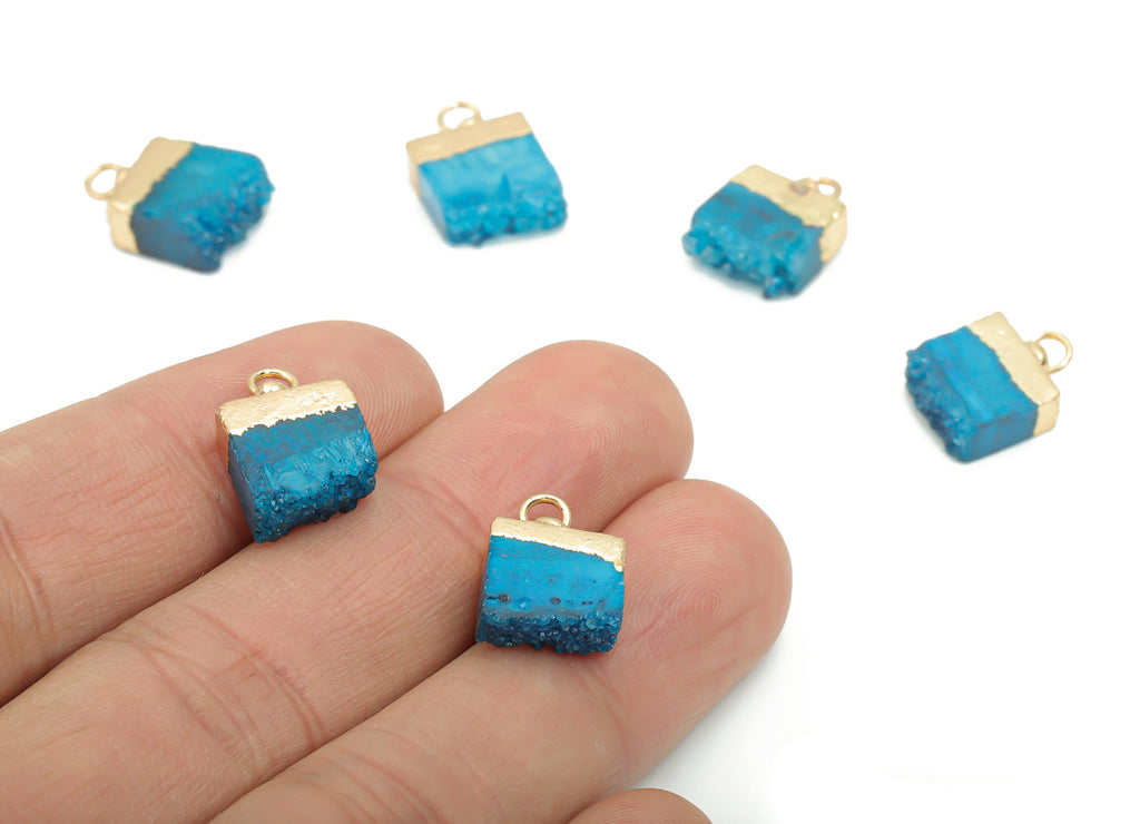 Dyed Quartz Crystal Earring Charms - Brass Square Pendant - Iron Loop - Druzy Charm - Gold Tone Plated Brass – 15.89x11.01x4.24mm– NS1573A - DOMEDBAZAAR