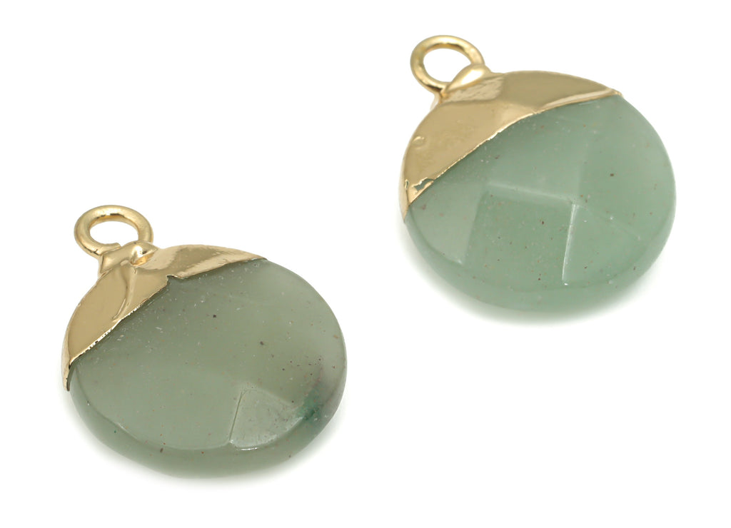 Aventurine Round Charms - Brass Circle Pendant - Iron Loop - Faceted Natural Stone - Gold Tone Plated Brass – 18.96x14.8x5.69mm – NS1570D - DOMEDBAZAAR