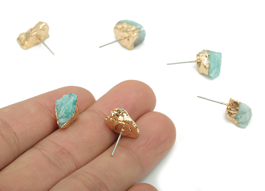Amazonite Earring Stud - Brass Stone Earring Post - Natural Stone - Gold Tone Plated Brass – Stainless Steel Stud - 11.74x9.35x6.5mm –NS1591 - DOMEDBAZAAR