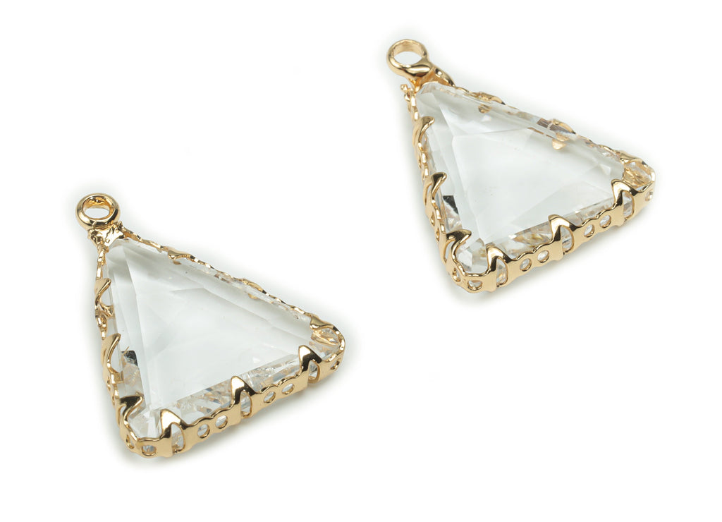 Glass Triangle Earring Charms - Brass Triangle Frame Pendant - Gold Tone Plated Brass - Faceted Glass - 20.03x16.33x4.5mm - GS1082 - DOMEDBAZAAR