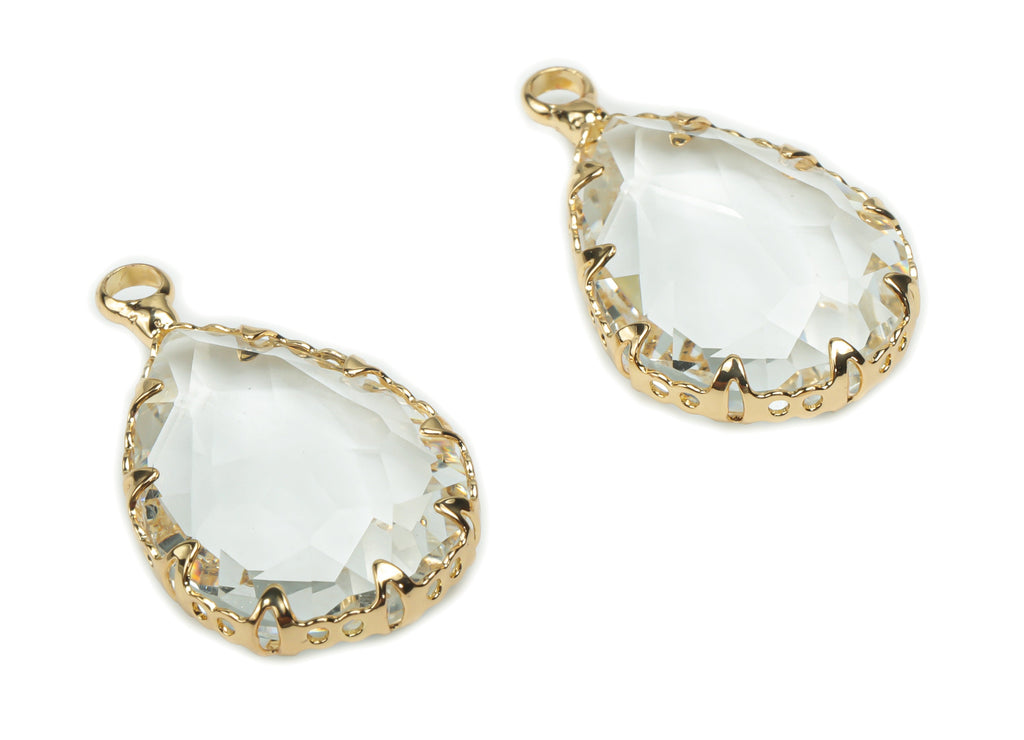 Glass Drop Earring Charms - Brass Drop Frame Pendant - Gold Tone Plated Brass - Faceted Glass - Jewelry Supplies - 23.42x13.9x5.95mm -GS1084 - DOMEDBAZAAR