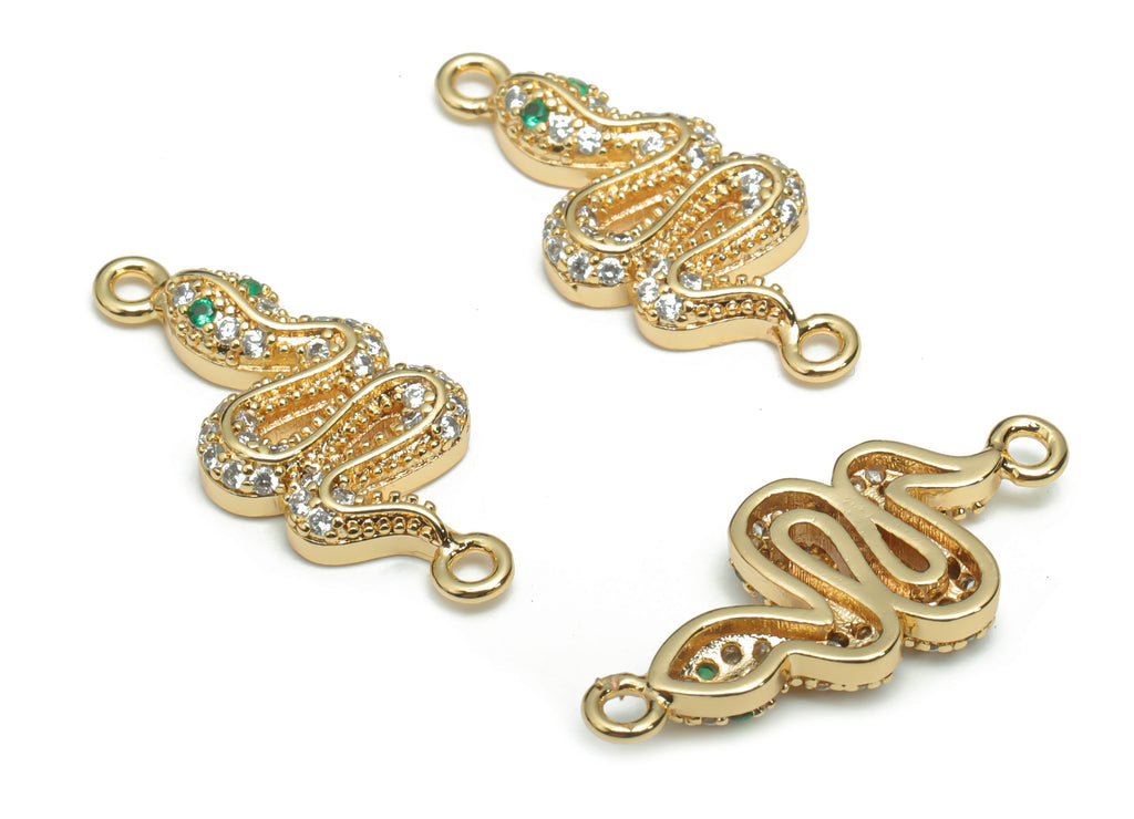 Brass Snake Earring Connectors With Zircons - Gold Snake Charms and Pendant - 18K Real Gold Plated Brass - 23.77x10.03x3.22mm - RGP4313 - DOMEDBAZAAR