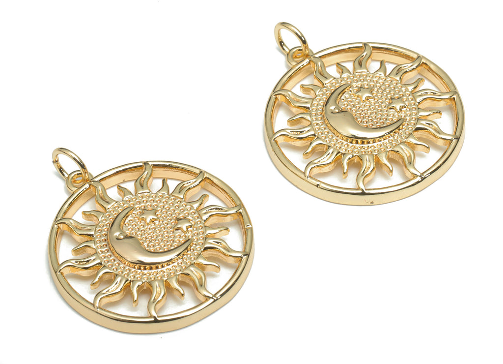 Brass Round Sun Planet Crescent Earring Charms - Gold Moon Star Circle Pendant - 18K Real Gold Plated Brass - 26.62x21.78x3.58mm - RGP4318 - DOMEDBAZAAR