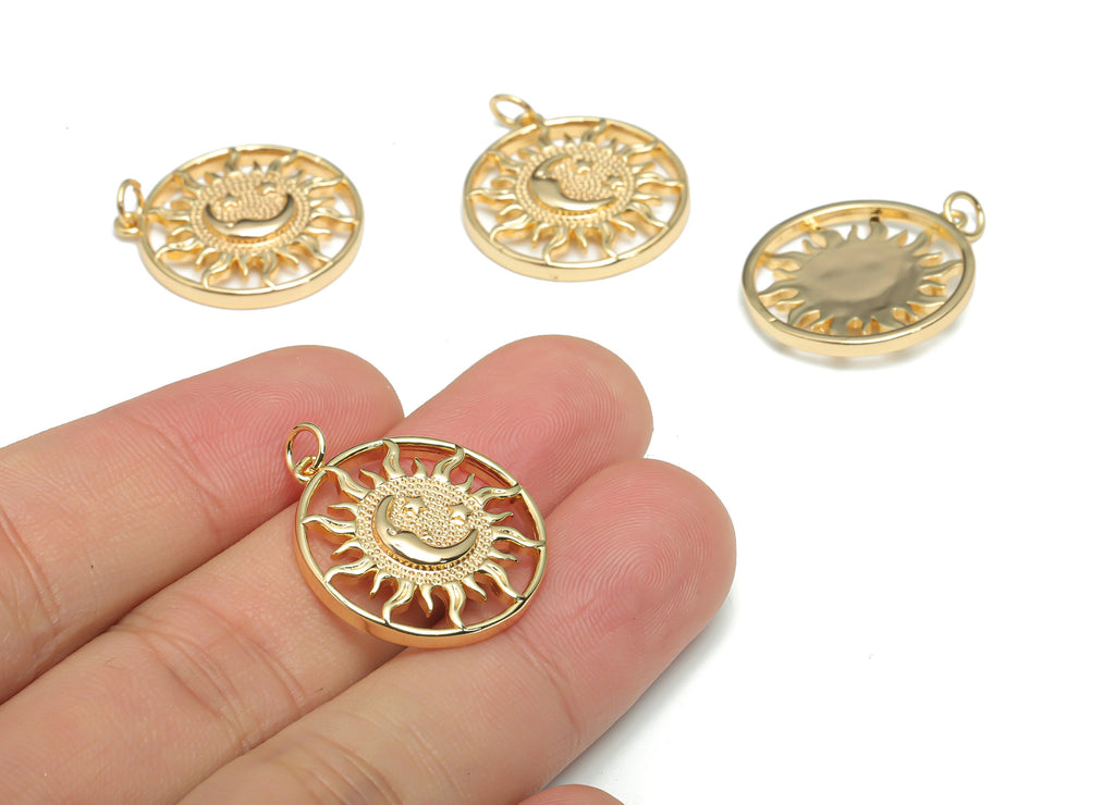 Brass Round Sun Planet Crescent Earring Charms - Gold Moon Star Circle Pendant - 18K Real Gold Plated Brass - 26.62x21.78x3.58mm - RGP4318 - DOMEDBAZAAR