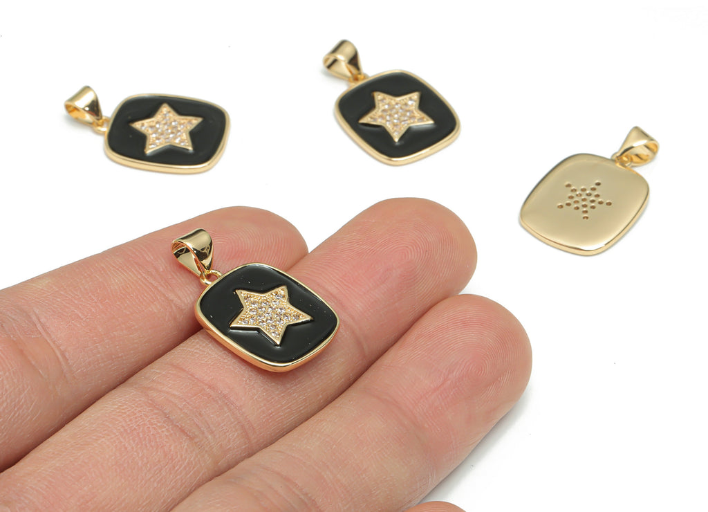 Brass Square Star Charms With Zincons - Enamel Star Square Pendant - 18K Real Gold Plated - Jewelry Supplies - 24.41x14.8x1.7mm - RGP4340C - DOMEDBAZAAR