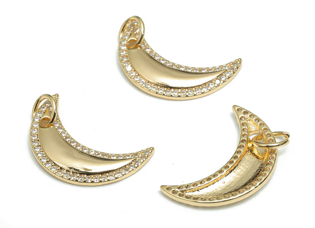 Brass Crescent Earring Charms With Zircons - Gold Moon Pendant - 18K Real Gold Plated Brass - Jewelry Supplies - 21.45x13.61x2.1mm - RGP4344 - DOMEDBAZAAR
