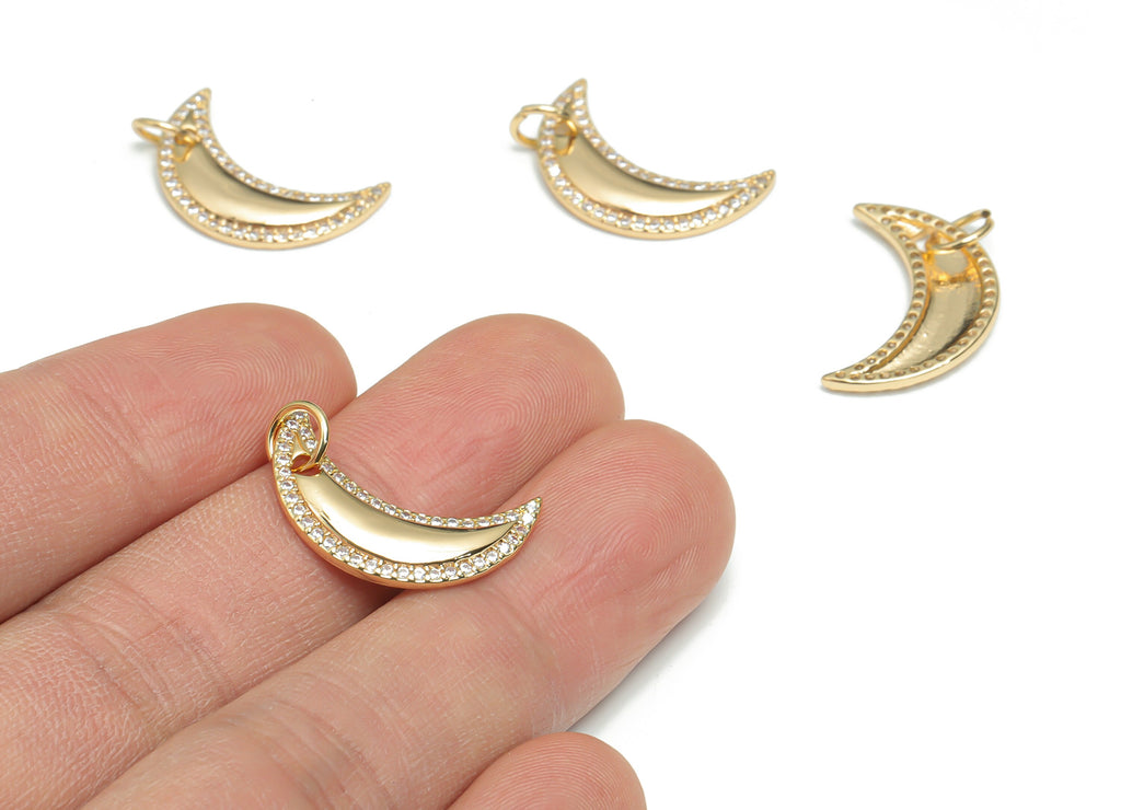 Brass Crescent Earring Charms With Zircons - Gold Moon Pendant - 18K Real Gold Plated Brass - Jewelry Supplies - 21.45x13.61x2.1mm - RGP4344 - DOMEDBAZAAR