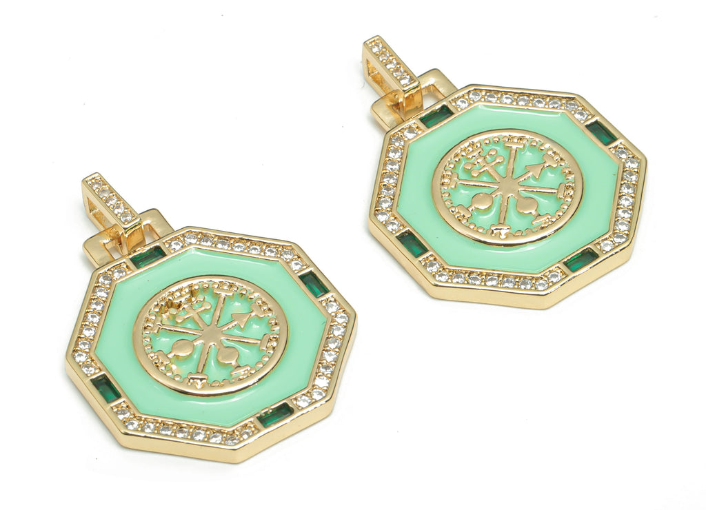 Brass Hexagon Round Earring Charms With Zincons - Enamel Arrow Hexagon Pendant - 18K Real Gold Plated - 31.79x23.7x2.63mm - RGP4341C - DOMEDBAZAAR