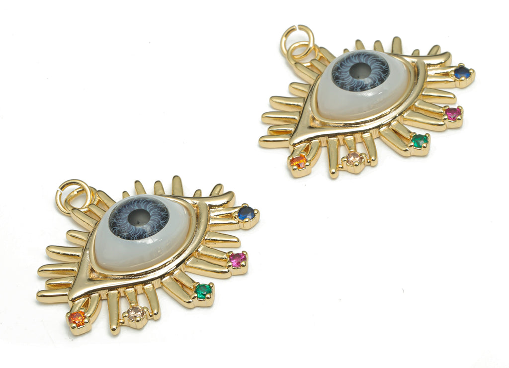 Brass Gray Eye Earring Charms With Zircons - Plastic Patch Gold Eyelash Pendant - 18K Real Gold Plated Brass - 30.3x28.42x7.04mm - RGP4291B - DOMEDBAZAAR