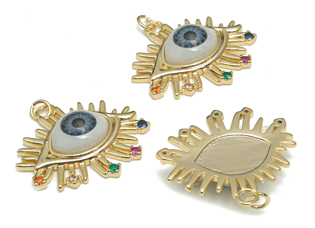 Brass Gray Eye Earring Charms With Zircons - Plastic Patch Gold Eyelash Pendant - 18K Real Gold Plated Brass - 30.3x28.42x7.04mm - RGP4291B - DOMEDBAZAAR