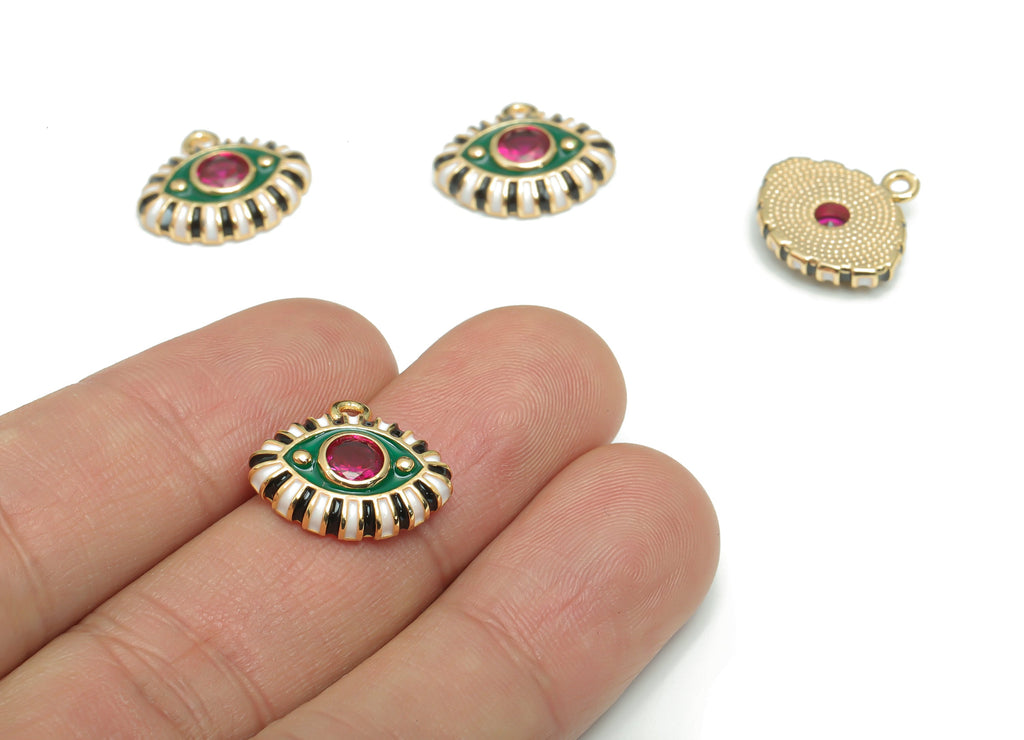 Brass Eye Charms With Zircons - Enamel Gold Eyelash Pendant - 18K Real Gold Plated Brass - Jewelry Supplies - 16.65x15.24x3.64mm - RGP4297B - DOMEDBAZAAR