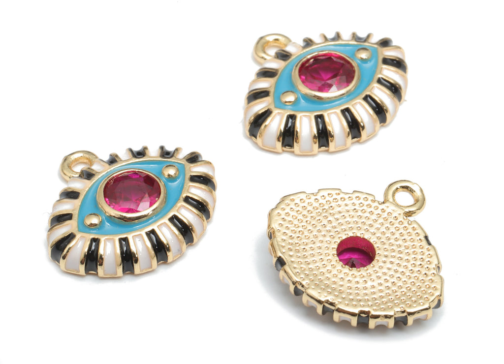 Brass Eye Charms With Zircons - Enamel Gold Eyelash Pendant - 18K Real Gold Plated Brass - Jewelry Supplies - 16.65x15.24x3.64mm - RGP4297A - DOMEDBAZAAR