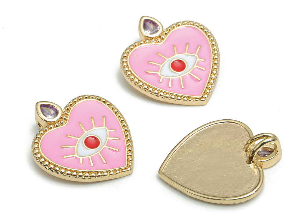 Brass Heart Eye Charms With Zincons - Enamel Eyelash Heart Pendant - 18K Real Gold Plated - Jewelry Supplies - 22.2x18.81x1.97mm - RGP4295A - DOMEDBAZAAR