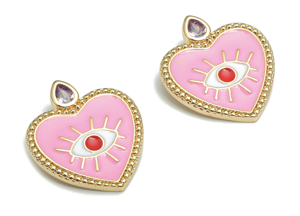 Brass Heart Eye Charms With Zincons - Enamel Eyelash Heart Pendant - 18K Real Gold Plated - Jewelry Supplies - 22.2x18.81x1.97mm - RGP4295A - DOMEDBAZAAR