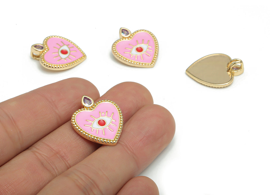 Brass Heart Eye Charms With Zincons - Enamel Eyelash Heart Pendant - 18K Real Gold Plated - Jewelry Supplies - 22.2x18.81x1.97mm - RGP4295A - DOMEDBAZAAR