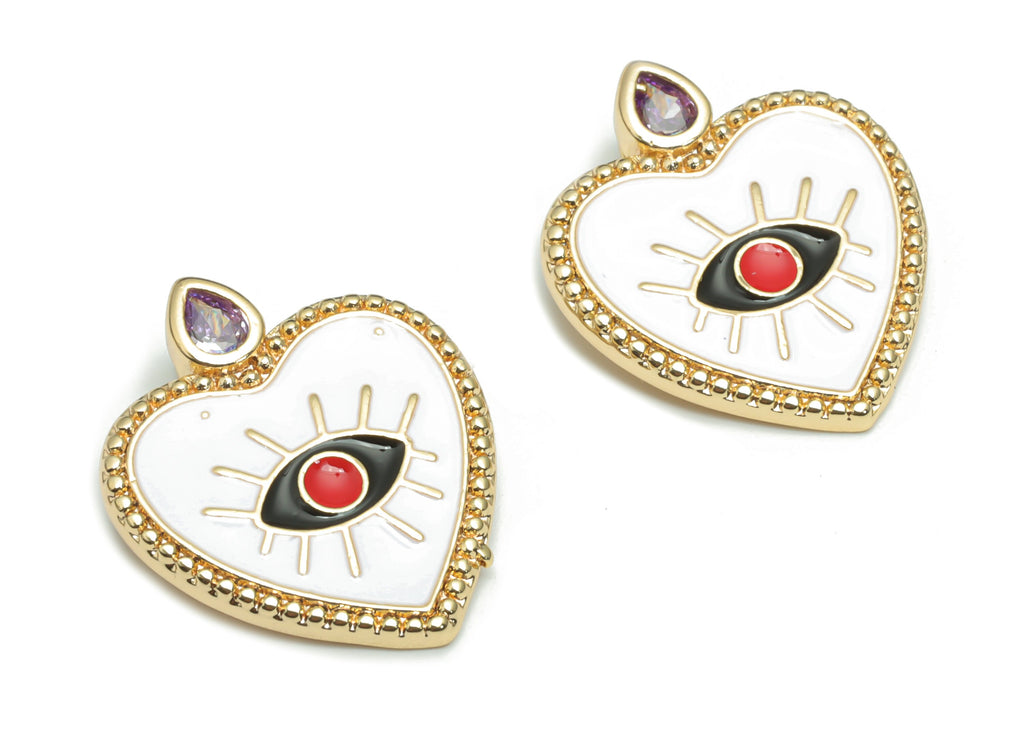 Brass Heart Eye Charms With Zincons - Enamel Eyelash Heart Pendant - 18K Real Gold Plated - Jewelry Supplies - 22.2x18.81x1.97mm - RGP4295B - DOMEDBAZAAR