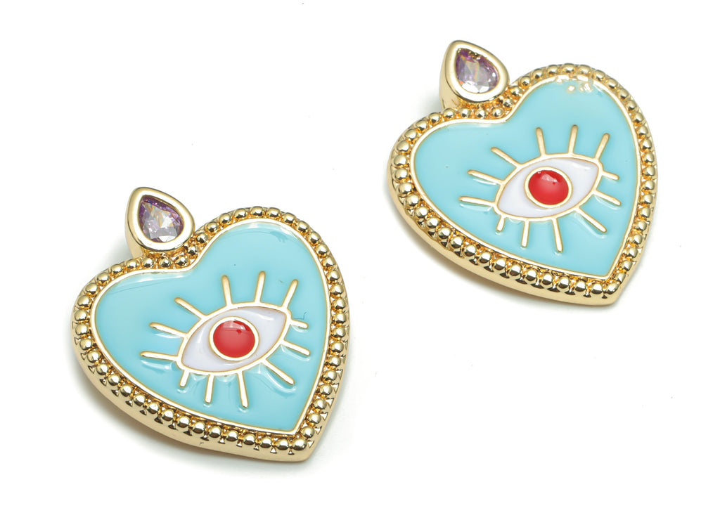 Brass Heart Eye Charms With Zincons - Enamel Eyelash Heart Pendant - 18K Real Gold Plated - Jewelry Supplies - 22.2x18.81x1.97mm - RGP4295C - DOMEDBAZAAR
