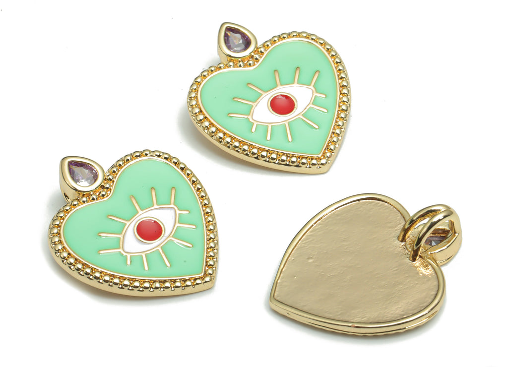 Brass Heart Eye Charms With Zincons - Enamel Eyelash Heart Pendant - 18K Real Gold Plated - Jewelry Supplies - 22.2x18.81x1.97mm - RGP4295D - DOMEDBAZAAR