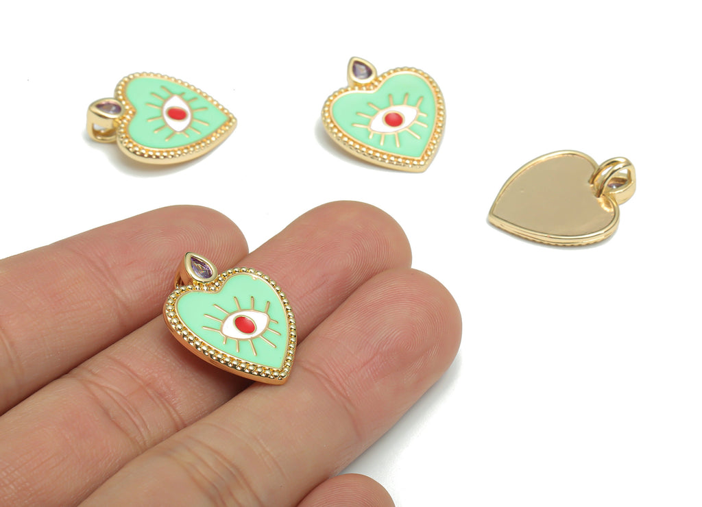 Brass Heart Eye Charms With Zincons - Enamel Eyelash Heart Pendant - 18K Real Gold Plated - Jewelry Supplies - 22.2x18.81x1.97mm - RGP4295D - DOMEDBAZAAR