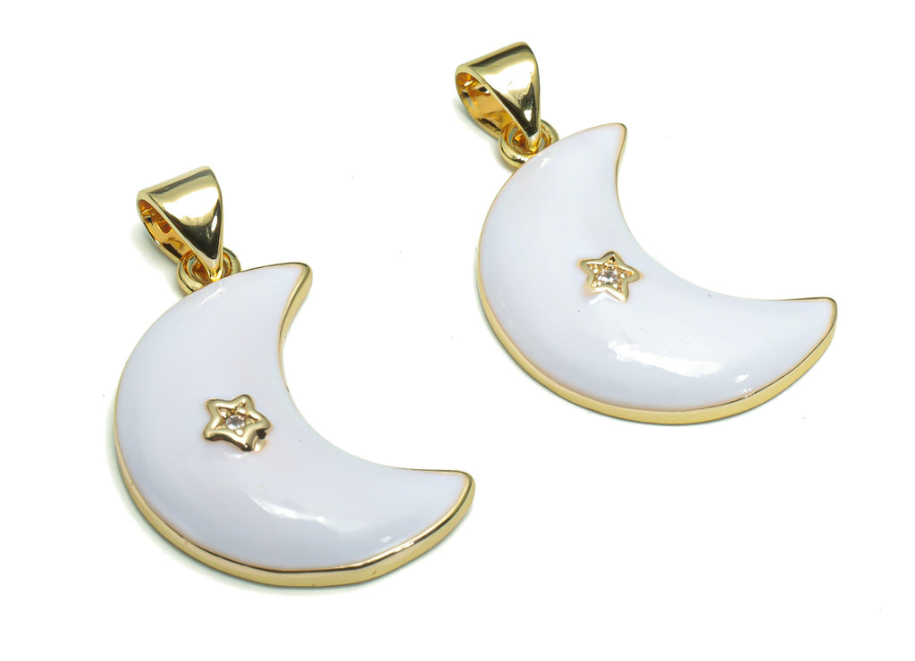 Brass Crescent Earring Charms With Zincons - Enamel Moon Star Pendant - 18K Real Gold Plated - Jewelry Supplies - 22.67x15.2x1.95mm-RGP4292A - DOMEDBAZAAR