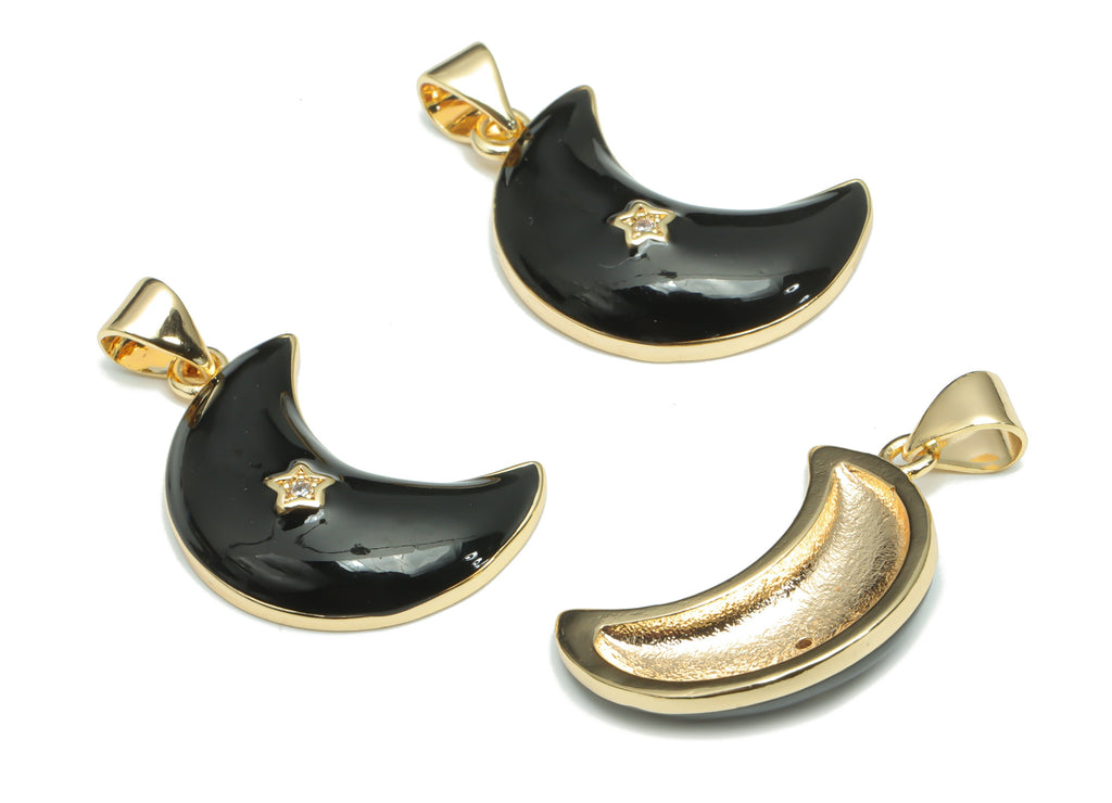 Brass Crescent Earring Charms With Zincons - Enamel Moon Star Pendant - 18K Real Gold Plated - Jewelry Supplies - 22.67x15.2x1.95mm-RGP4292C - DOMEDBAZAAR
