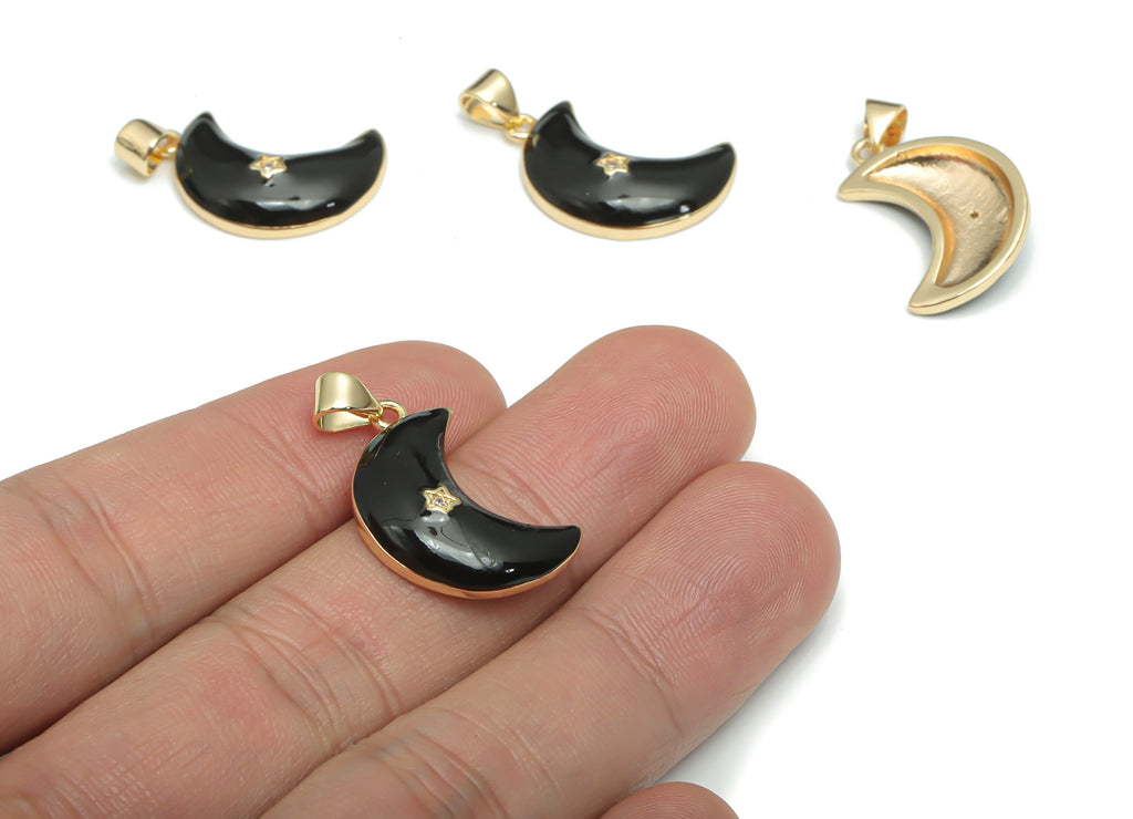 Brass Crescent Earring Charms With Zincons - Enamel Moon Star Pendant - 18K Real Gold Plated - Jewelry Supplies - 22.67x15.2x1.95mm-RGP4292C - DOMEDBAZAAR