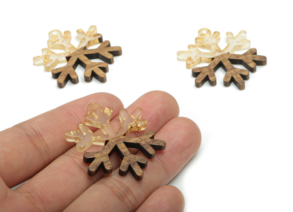 Natural Wooden Snowflake Earring Charms - Resin Snowflake Pendant - DIY Jewelry Making Supplies - 38.04x33.24x3.39mm - BB1143B - DOMEDBAZAAR