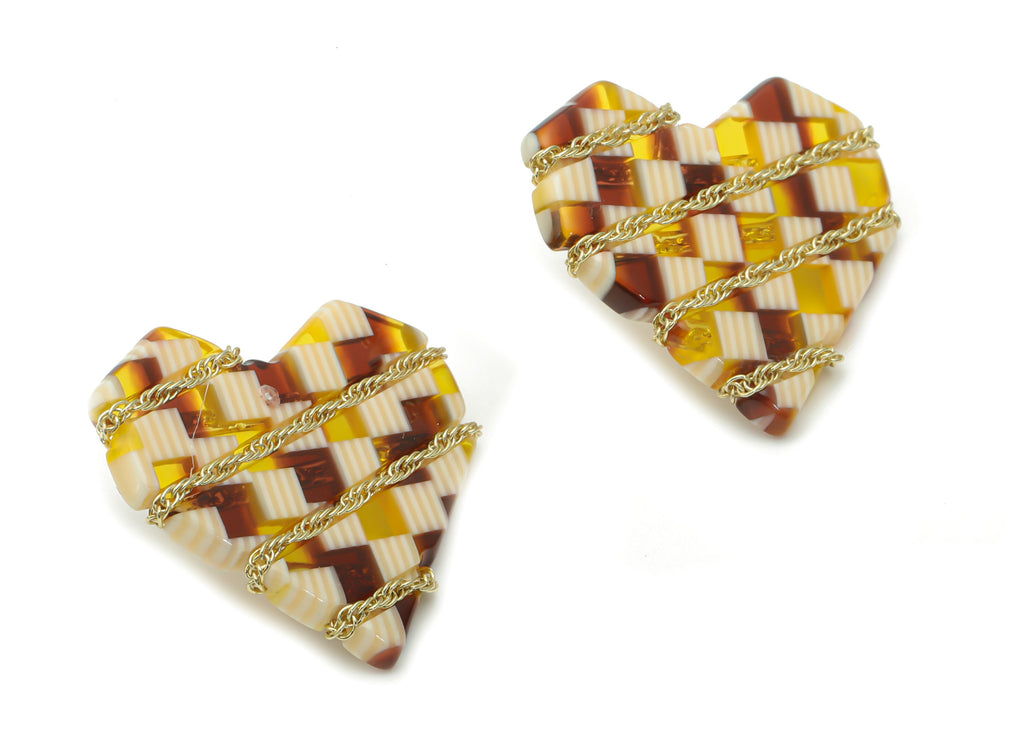 Acetate Heart Earring Stud - Brass Heart Post – Imitation Silver Stud – Twisted Curb Chain - Gold Tone Plated – 29.83x26.86x2.94mm - AC2384A - DOMEDBAZAAR