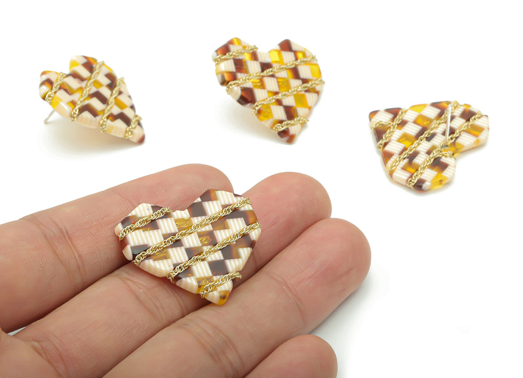 Acetate Heart Earring Stud - Brass Heart Post – Imitation Silver Stud – Twisted Curb Chain - Gold Tone Plated – 29.83x26.86x2.94mm - AC2384A - DOMEDBAZAAR