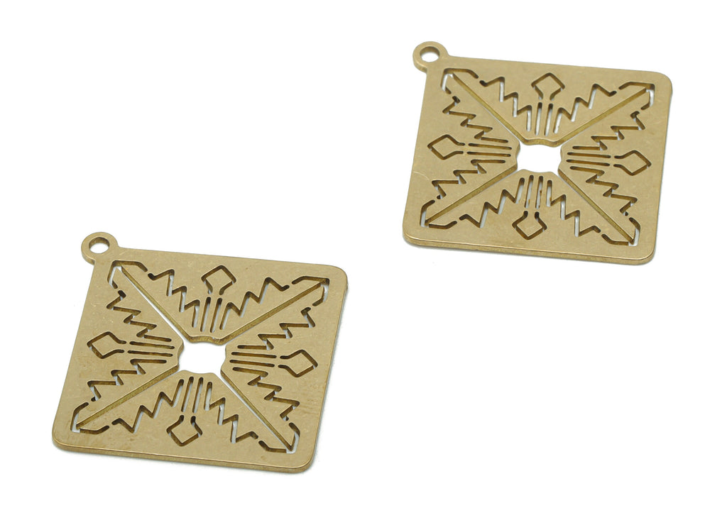 Brass Square Leafs Earring Charms - Raw Brass Leafs Square Anatolian Art Pendant - Jewelry Making Supplies - 35.71x33.17x0.75mm - PPA1702 - DOMEDBAZAAR