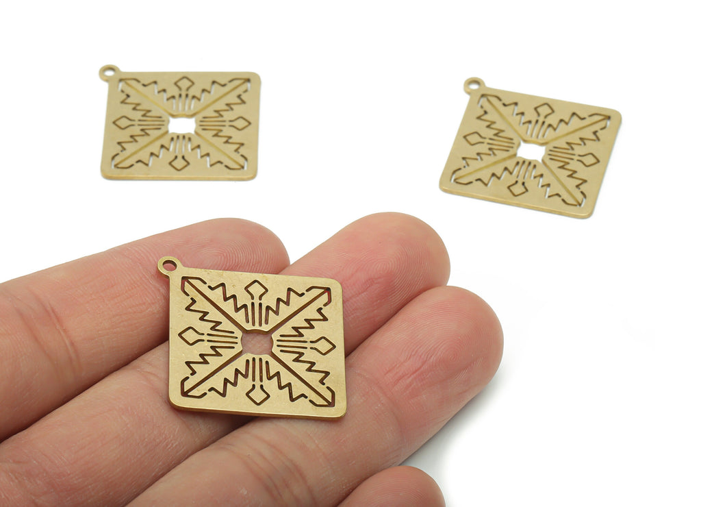 Brass Square Leafs Earring Charms - Raw Brass Leafs Square Anatolian Art Pendant - Jewelry Making Supplies - 35.71x33.17x0.75mm - PPA1702 - DOMEDBAZAAR