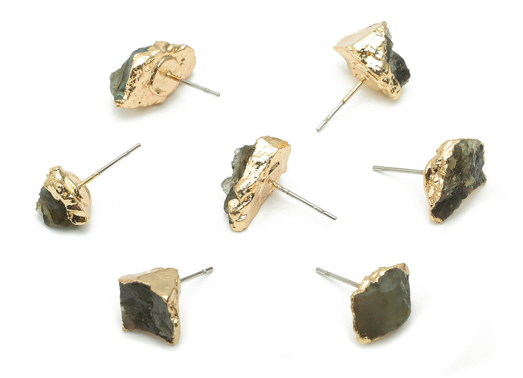 Gray Labradorite Natural Stone Stud - Brass Stone Earring Post - Gold Tone Plated Brass – Stainless Steel Stud - 12.94x10.33x6.22mm– NS1596C - DOMEDBAZAAR