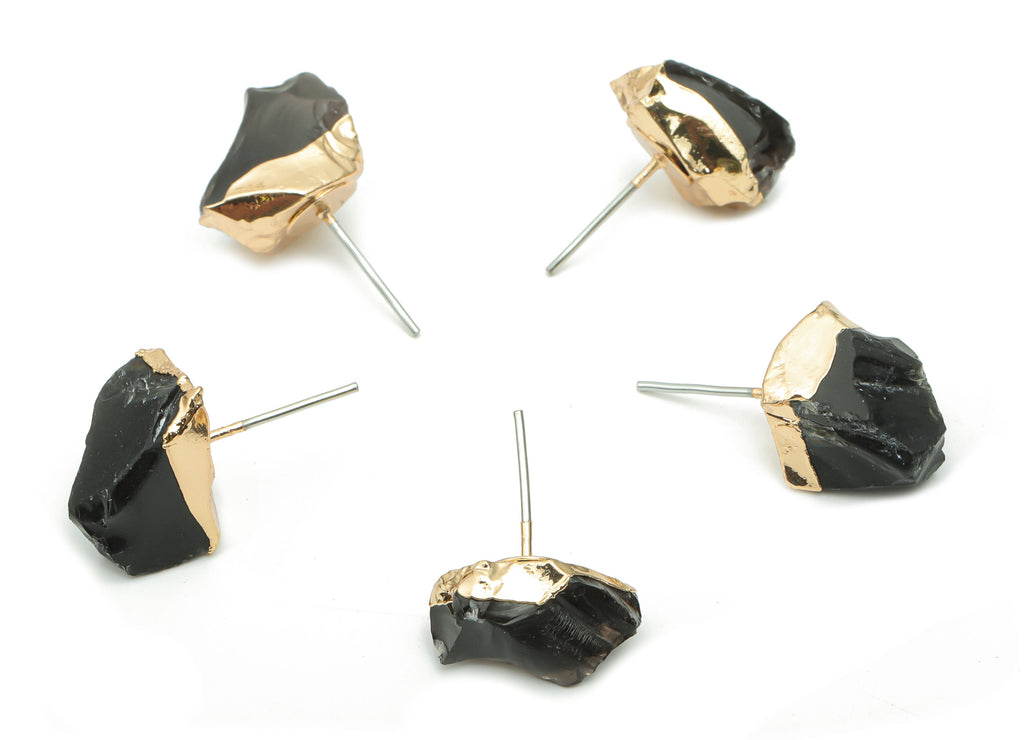Black Obsidian Natural Stone Stud - Brass Stone Earring Post - Gold Tone Plated Brass – Stainless Steel Stud - 15.48x10.52x6.98mm – NS1596D - DOMEDBAZAAR