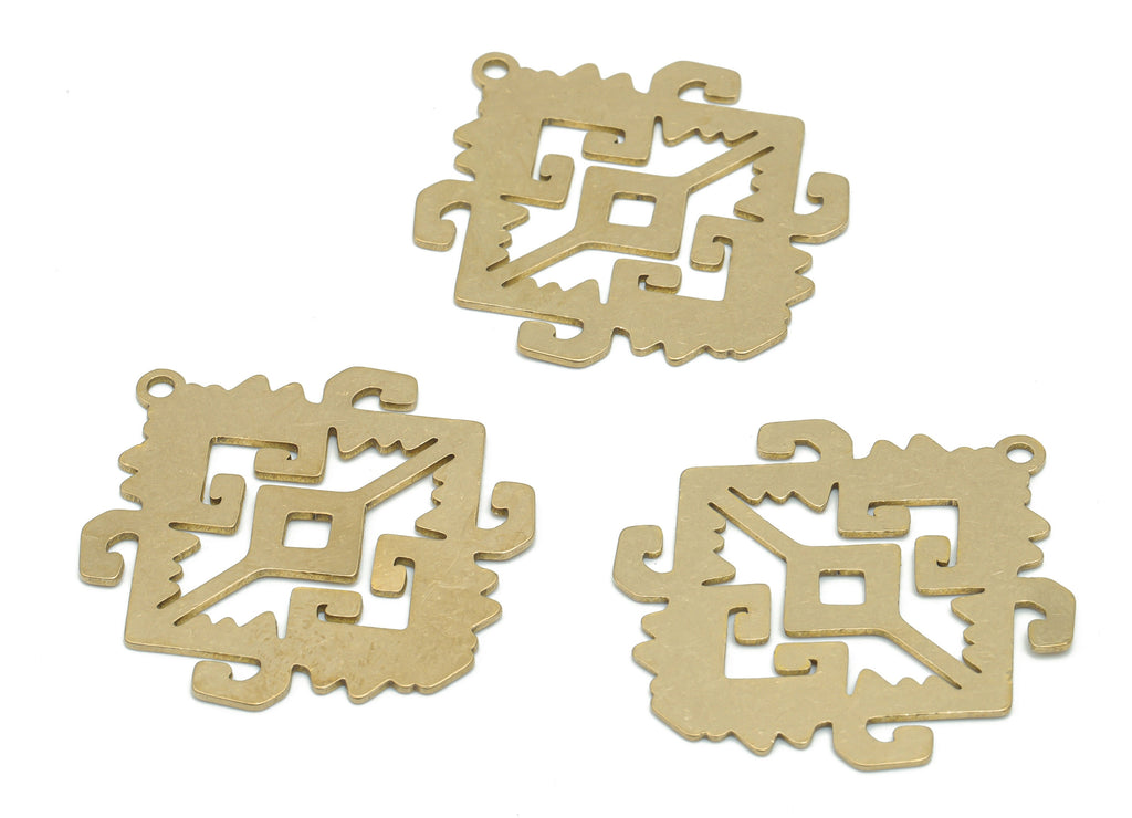 Brass Diamond Waves Iran Carpet Earring Charms - Raw Brass Textured Rhombic Waves Pendant - Jewelry Supplies - 35.83x30.6x0.64mm - PPA2457 - DOMEDBAZAAR