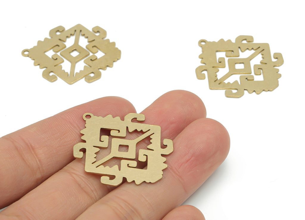 Brass Diamond Waves Iran Carpet Earring Charms - Raw Brass Textured Rhombic Waves Pendant - Jewelry Supplies - 35.83x30.6x0.64mm - PPA2457 - DOMEDBAZAAR