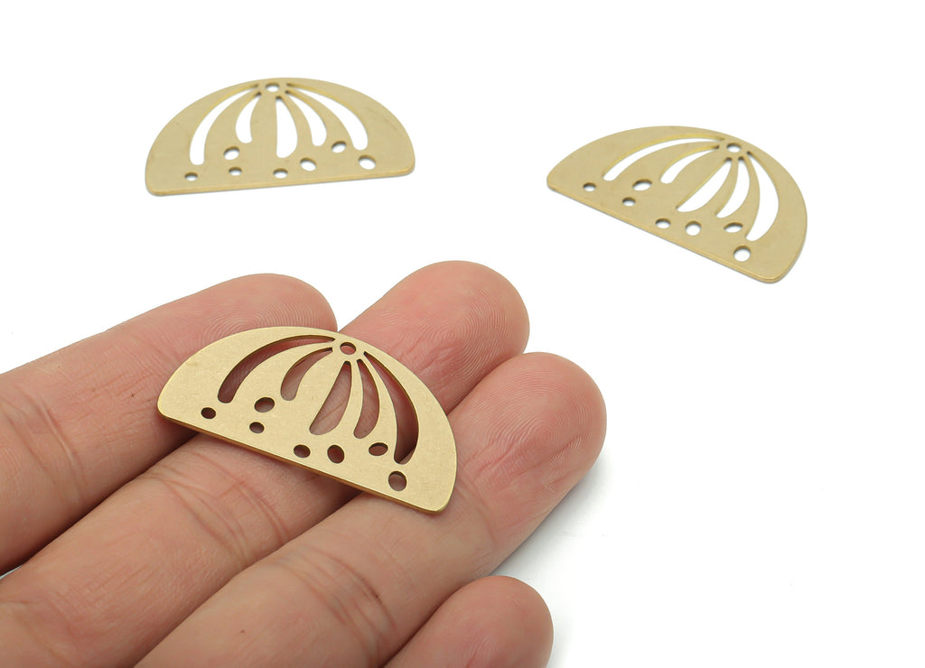 Brass Domed Semicircle Round Earring Connector - Raw Brass Half Moon Long Stalked Flower Charms and Pendant - 34.76x20.44x0.77mm - PPZ0149 - DOMEDBAZAAR
