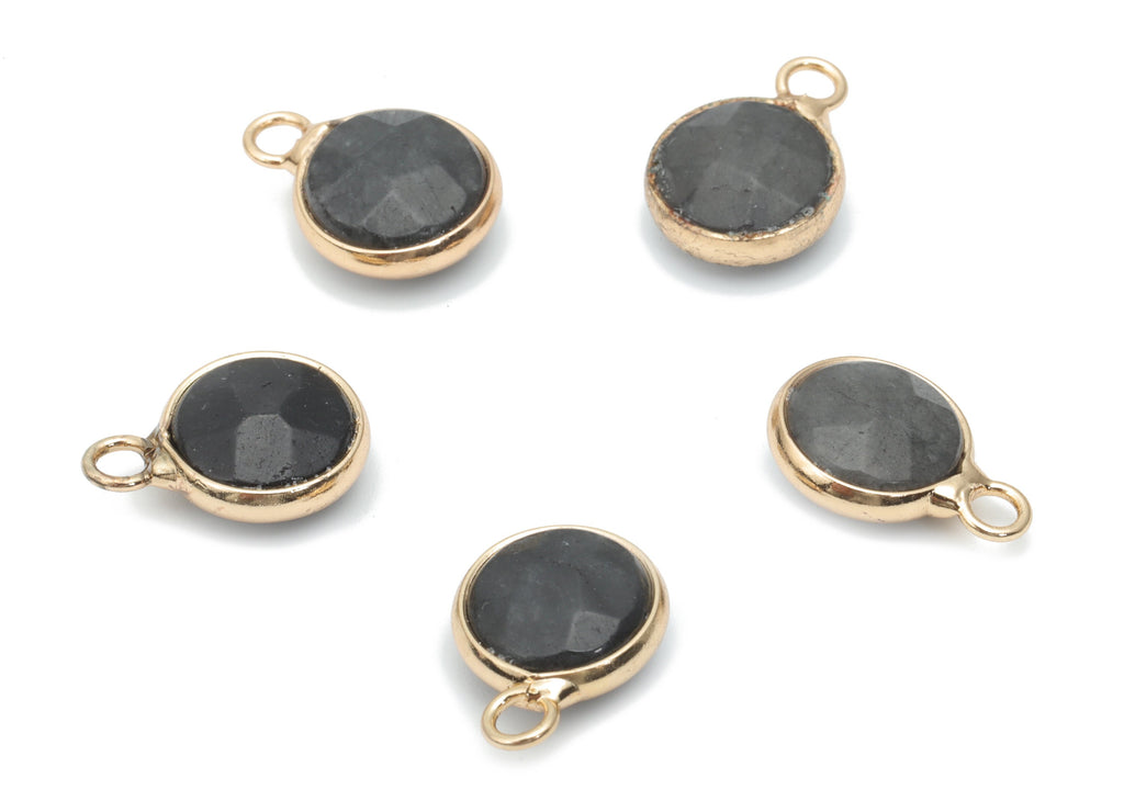 Black Rough Stone Round Charms - Brass Circle Pendant - Natural Stone - Gold Tone Plated Brass – Faceted Stone - 15.78x11.7x5.9mm–NS1597A - DOMEDBAZAAR
