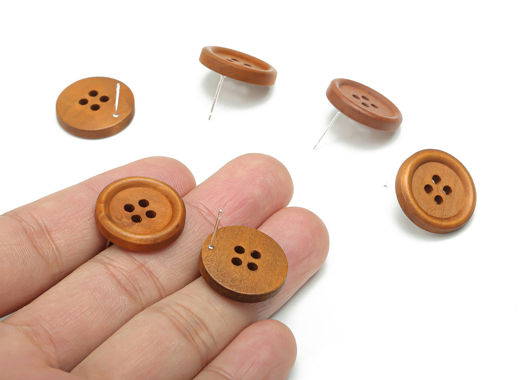 Guger Tree Wood Buttons Earring Stud - Guger Tree Wood Button Round Post - Silver Plated Brass Stud - Jewelry Supplies - 20x20x4.2mm -BB1154 - DOMEDBAZAAR