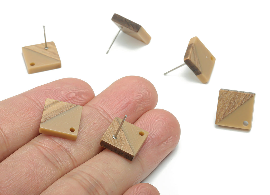 Natural Wood Square Earring Stud - Resin Square Post - 316 Surgical Stainless Steel - Jewelry Making Supplies - 11.96x11.88x3.52mm - BB1164L - DOMEDBAZAAR