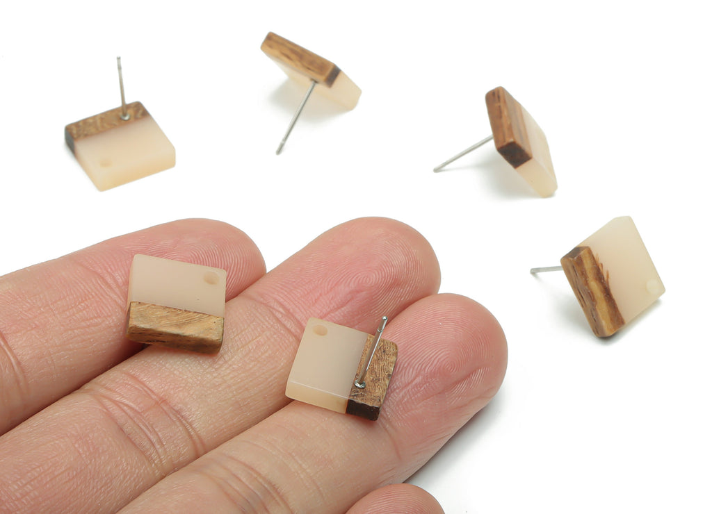 Natural Wood Square Earring Stud - Resin Square Post - 316 Surgical Stainless Steel - Jewelry Making Supplies - 11.96x11.88x3.52mm - BB1164E - DOMEDBAZAAR