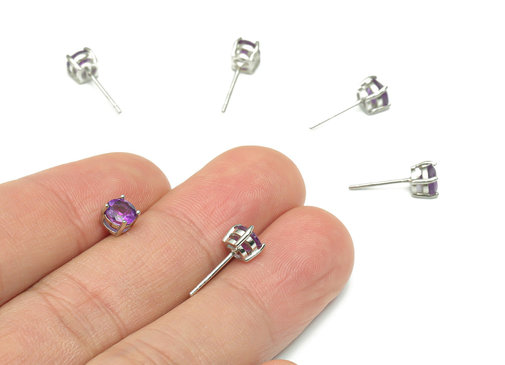 Sterling Silver Amethyst Stud Earrings - Mini Circle Natural Stone Post - 925 Silver Earrings - Minimalist Style - 4.97x4.97x4.6mm–SI1008A - DOMEDBAZAAR