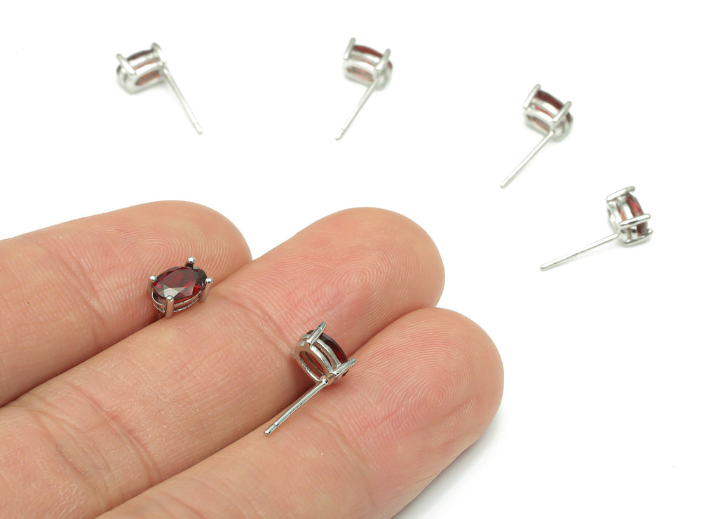Sterling Silver Garnet Stud Earrings - Oval Natural Stone Earring Post - 925 Silver Earrings - Minimalist Style - 6.2x4.31x3.3mm – SI1004B - DOMEDBAZAAR