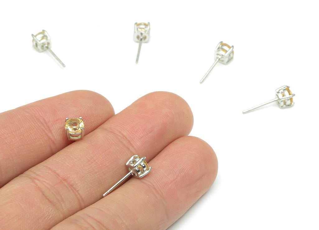 Sterling Silver Citrine Stud Earrings - Mini Circle Natural Stone Post - 925 Silver Earrings - Minimalist Style - 4.97x4.97x4.6mm– SI1008D - DOMEDBAZAAR
