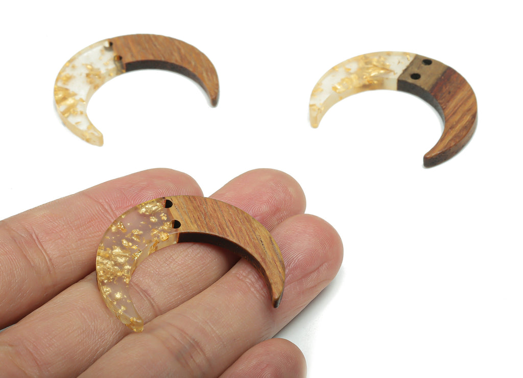 Natural Wooden Crescent Earring Connectors - Resin Moon Charms and Pendant - DIY Jewelry Making Supplies - 38.02x31.93x3.18mm - BB1174C - DOMEDBAZAAR
