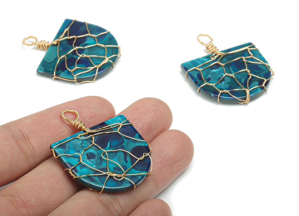 Acrylic Domed Earring Charms - Brass Wire D Pendant - Gold Brass Wire - Wire Wrapped - Color Code: A631 - 33.56x29.73x2.82mm - AC2415-A631 - DOMEDBAZAAR